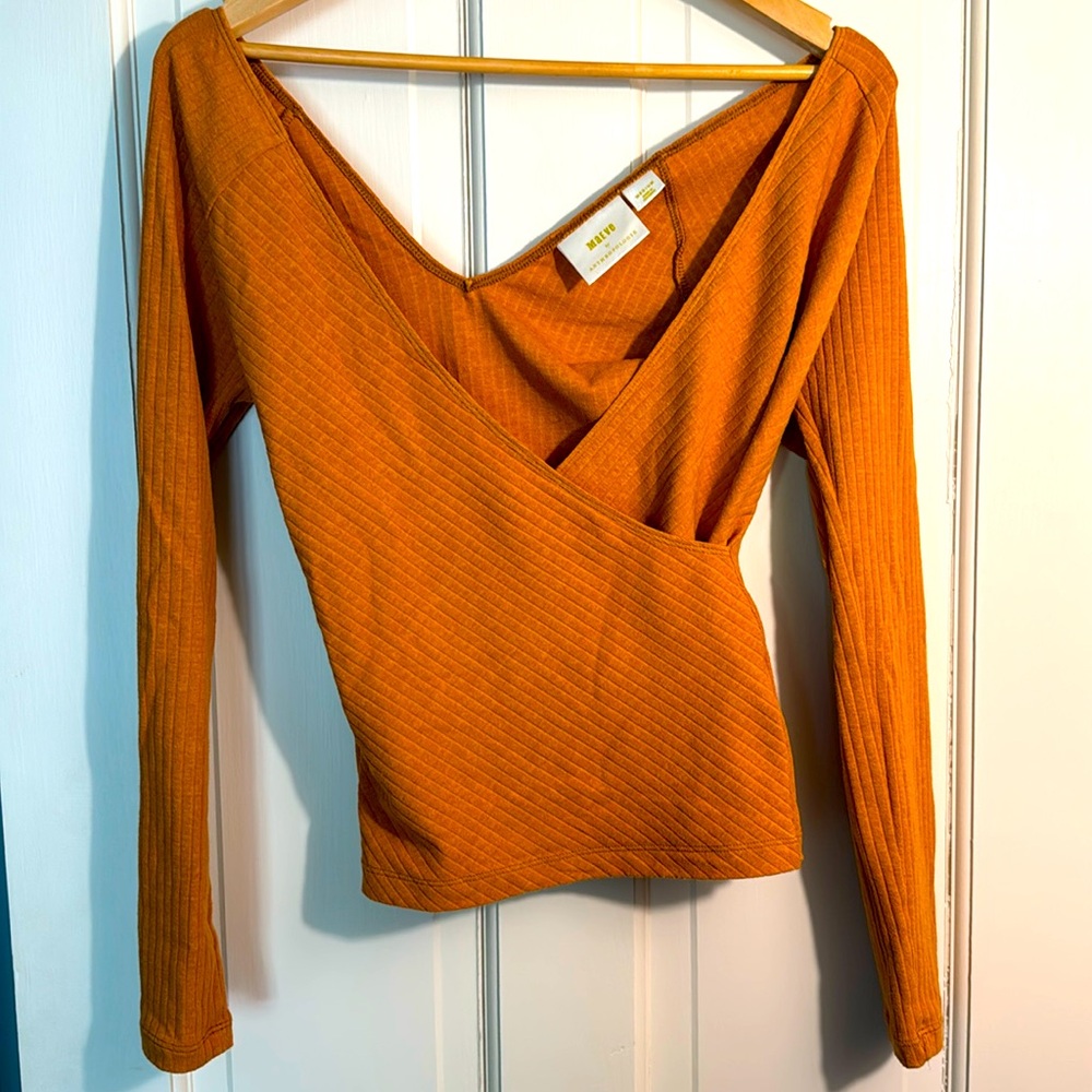 Maeve by Anthropologie Surplice Cross Bodice Long Sleeve Ribbed Top Mustard